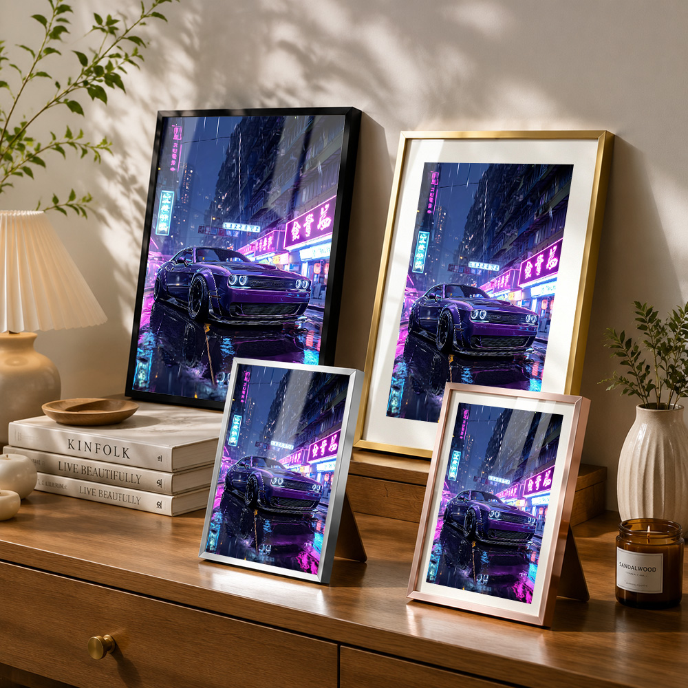 Lila Auto in Neon-Stadtbild, g – Car Mirror Bewertung und Preis