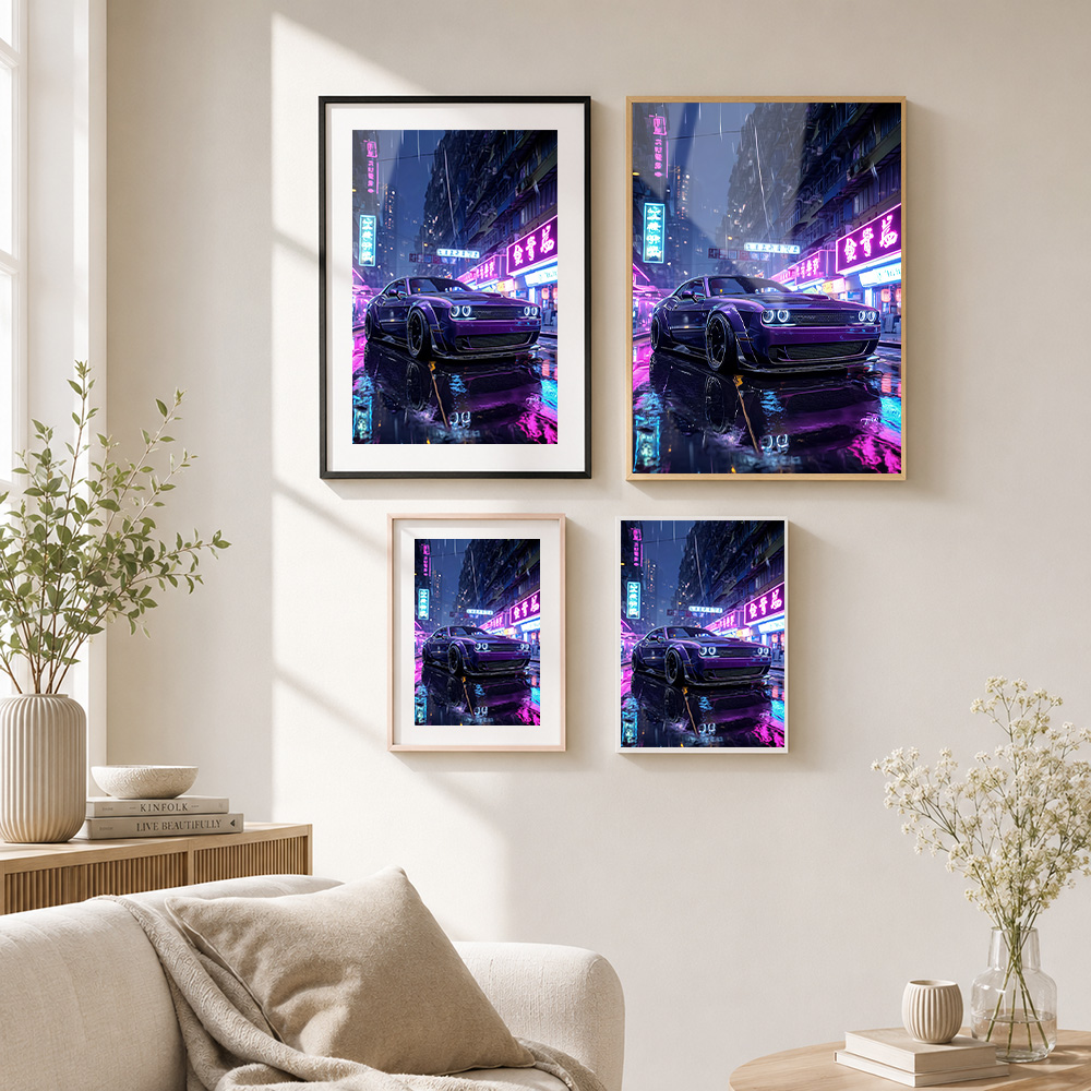 Lila Auto in Neon-Stadtbild, g – Car Mirror Bewertung und Preis